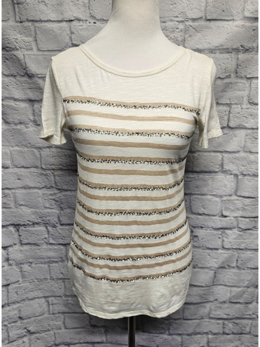 NWT LOFT XS Taupe Beige Silver Sequin Striped Burnout S/S Top Tee